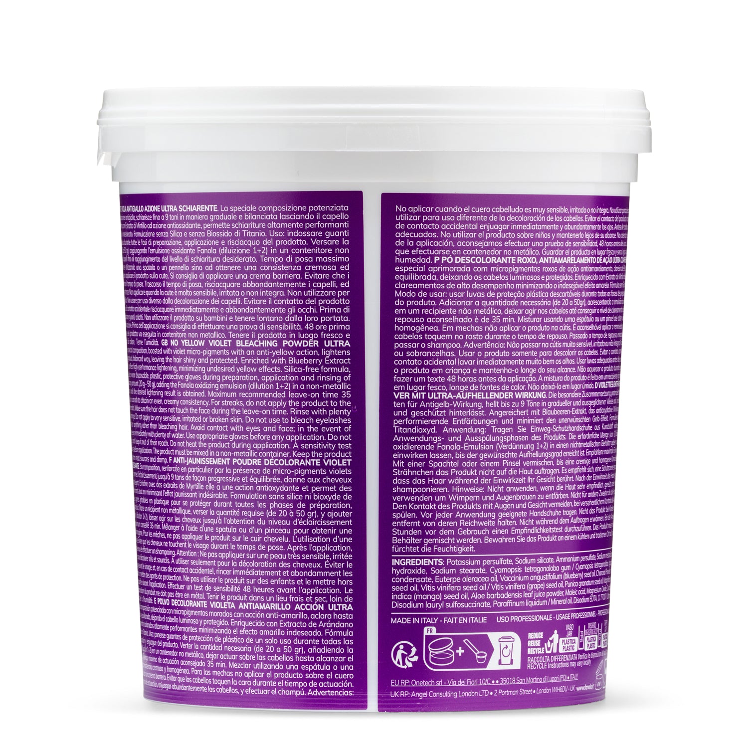 Violet hair bleach powder container with multilingual instructions, made in Italy for professional use