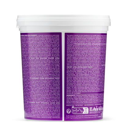 Violet hair bleach powder container with multilingual instructions, made in Italy for professional use