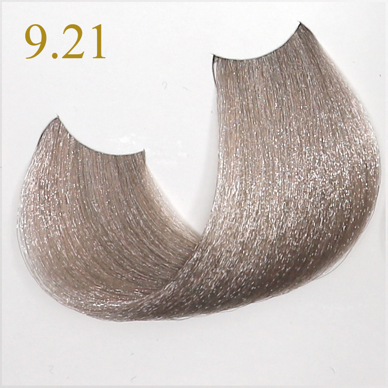 Hair color swatch 9.21, light ash blonde with subtle shimmer, ideal for salon or home use