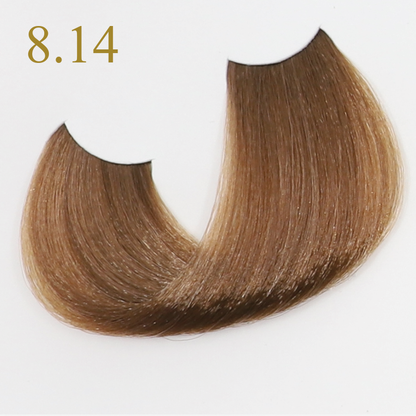 Hair color swatch 8.14, light ash brown tone for professional beauty use