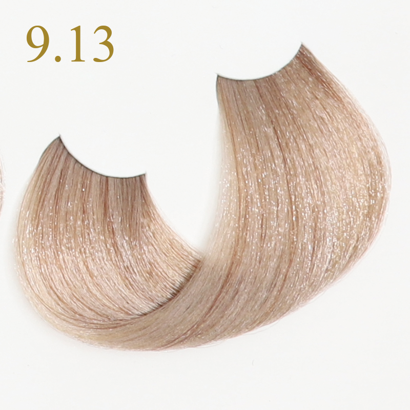 Light ash blonde hair swatch 9.13, showcasing subtle highlights and smooth texture for salon color selection