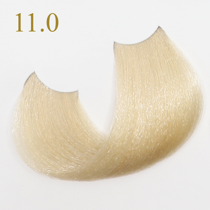 Ultra light blonde hair color swatch 11.0, shimmering platinum tone for salon use