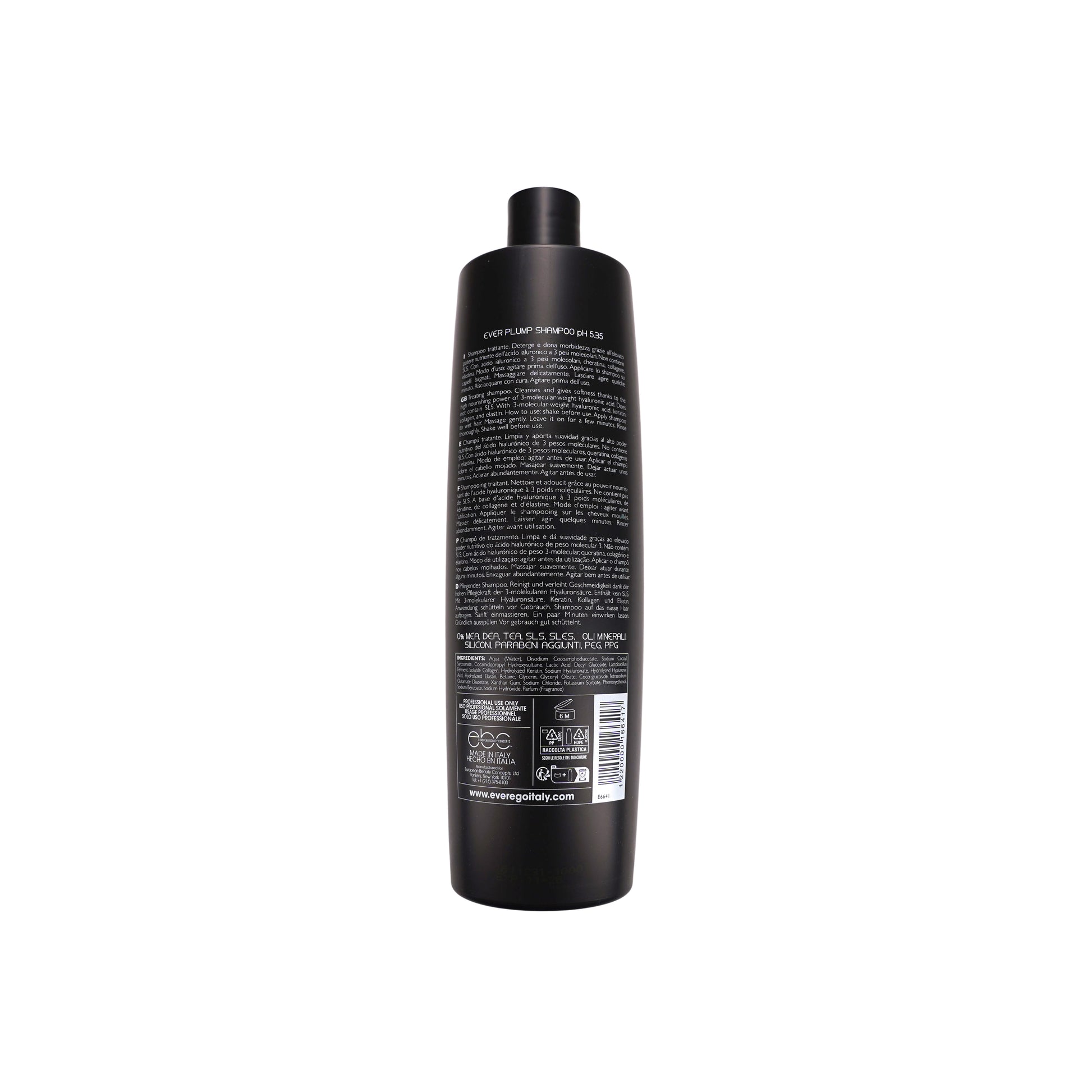Ever Plump Shampoo pH 5.35 bottle back label with ingredients and usage instructions, made in Italy