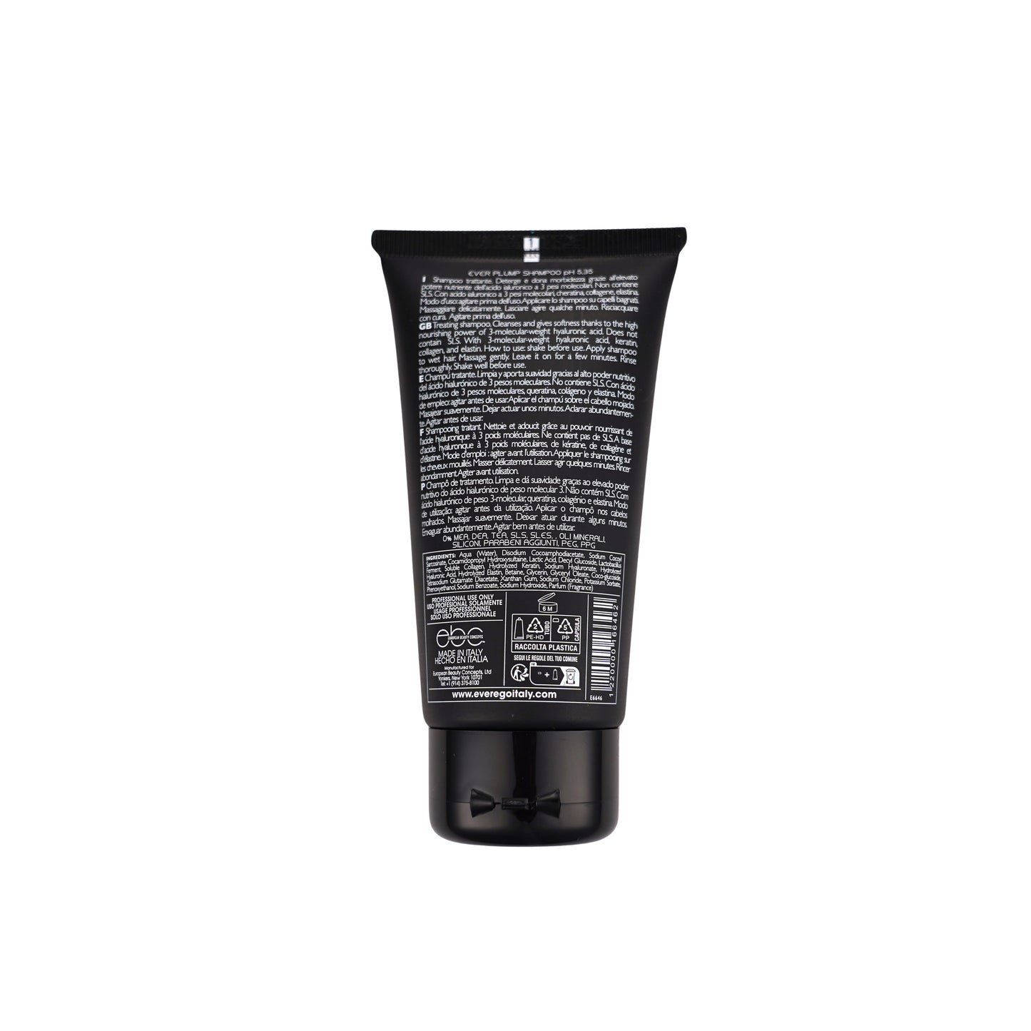 Ever Plump Shampoo pH 5.35 back label with ingredients and usage instructions, made in Italy