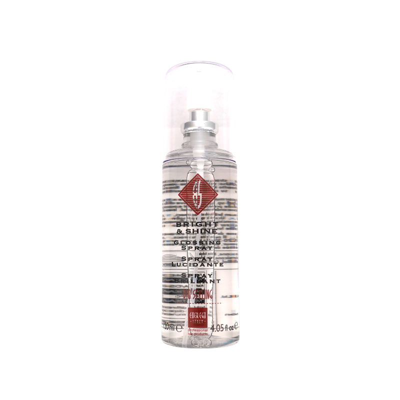Bright & Shine Glossing Spray for hair shine and hold, professional beauty product in clear bottle
