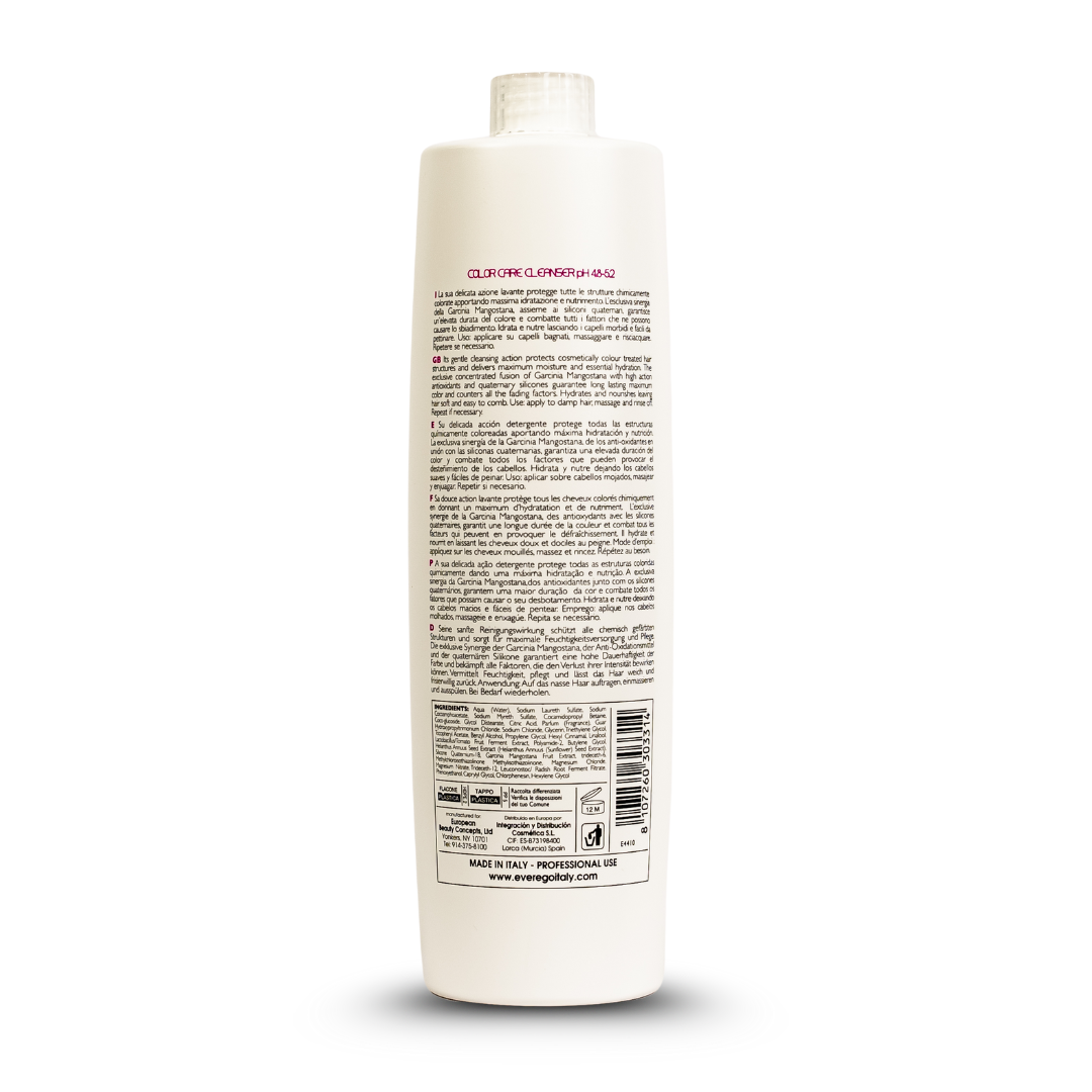 Color Care Cleanser pH 4.5-5.2 bottle back label with multilingual instructions and ingredients for colored hair