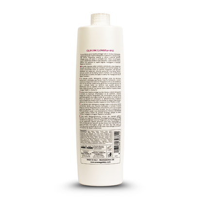 Color Care Cleanser pH 4.5-5.2 bottle back label with multilingual instructions and ingredients for colored hair