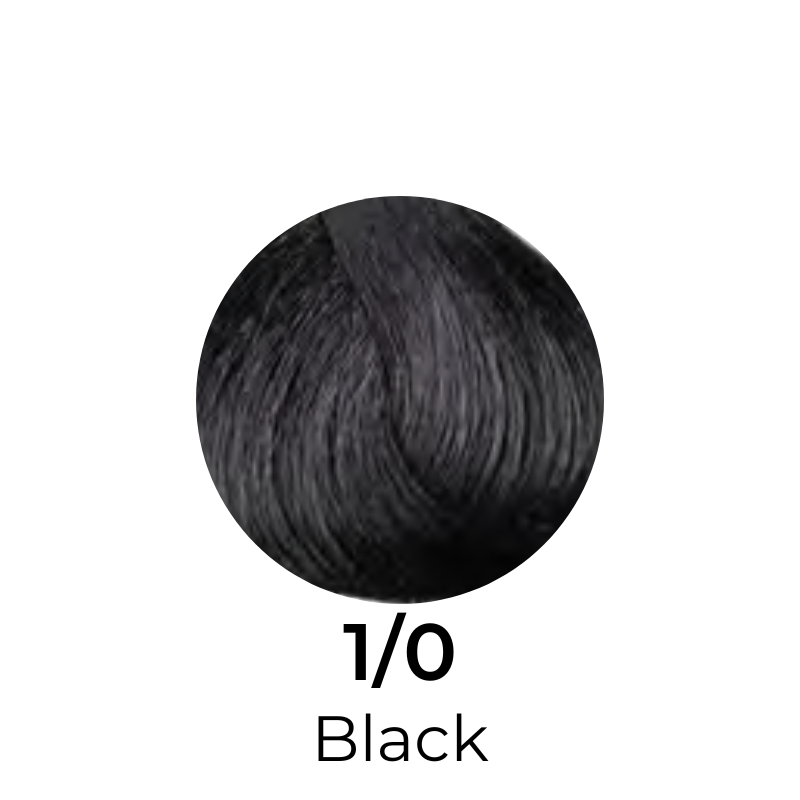 Black hair color swatch labeled 1/0 Black for professional beauty use