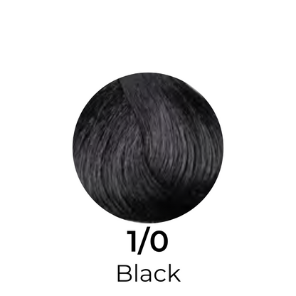 Black hair color swatch labeled 1/0 Black for professional beauty use