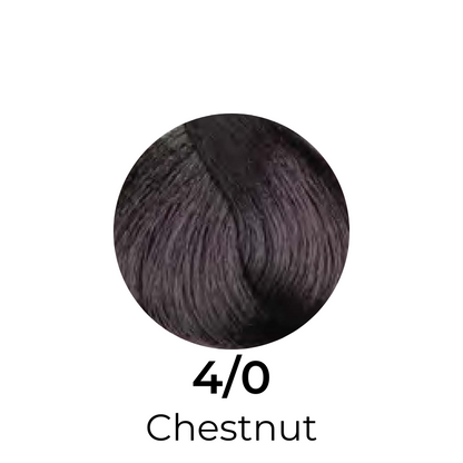 Chestnut 4/0 hair color swatch, rich dark brown tone for professional hair dye