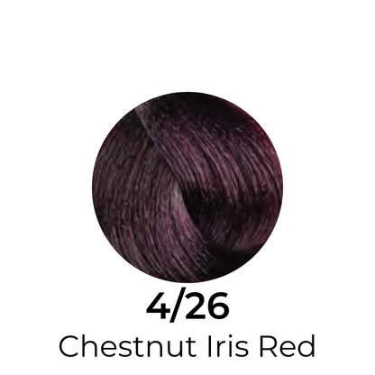 4/26 Chestnut Iris Red hair color swatch, deep burgundy tone for salon beauty treatments