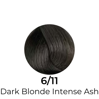 Dark Blonde Intense Ash 6/11 hair color swatch for professional salon use