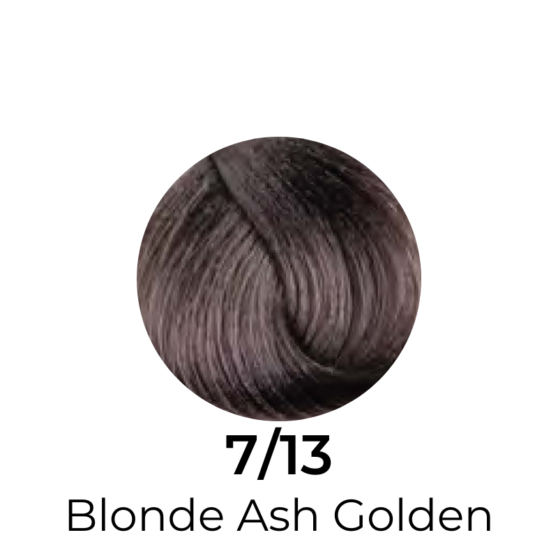 Hair color swatch 7/13 Blonde Ash Golden, showcasing smooth, blended tone for beauty styling
