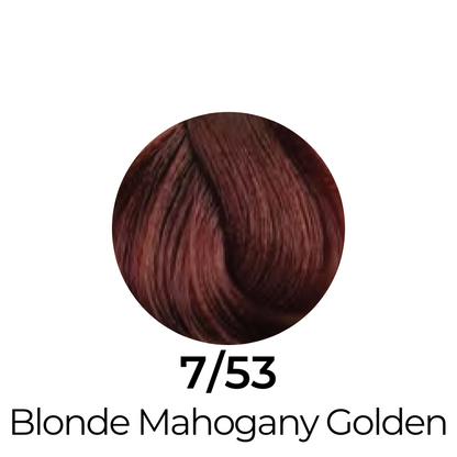 Blonde Mahogany Golden 7/53 hair color swatch, rich warm tone for beauty styling