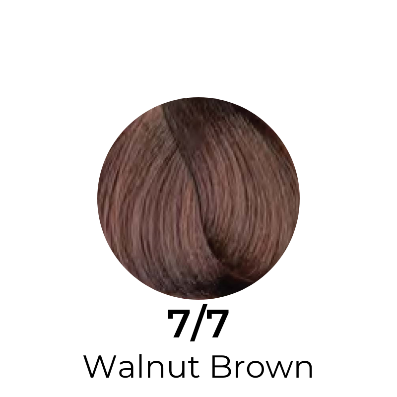 Walnut Brown hair color swatch, shade 7/7, rich warm tone for beauty styling
