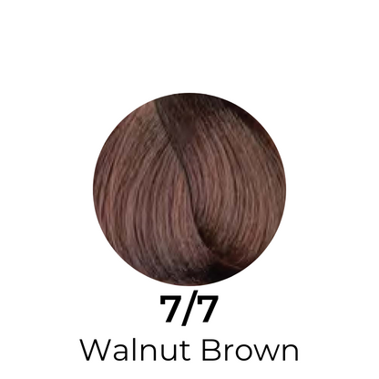 Walnut Brown hair color swatch, shade 7/7, rich warm tone for beauty styling