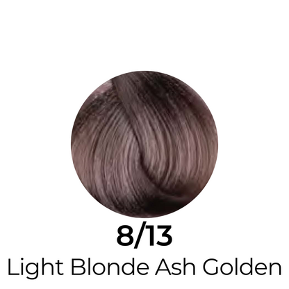 Light Blonde Ash Golden hair color swatch 8/13 for salon or home use