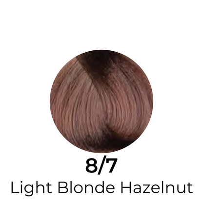 Light Blonde Hazelnut 8/7 hair color swatch for salon or home use