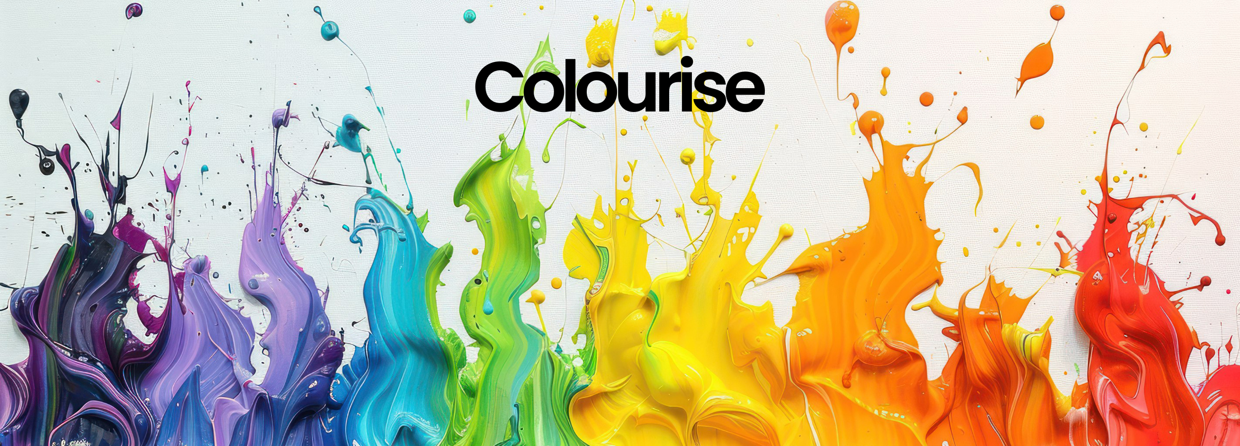 Vibrant rainbow paint splashes with 'Colourise' text, showcasing bold color trends for beauty concepts.