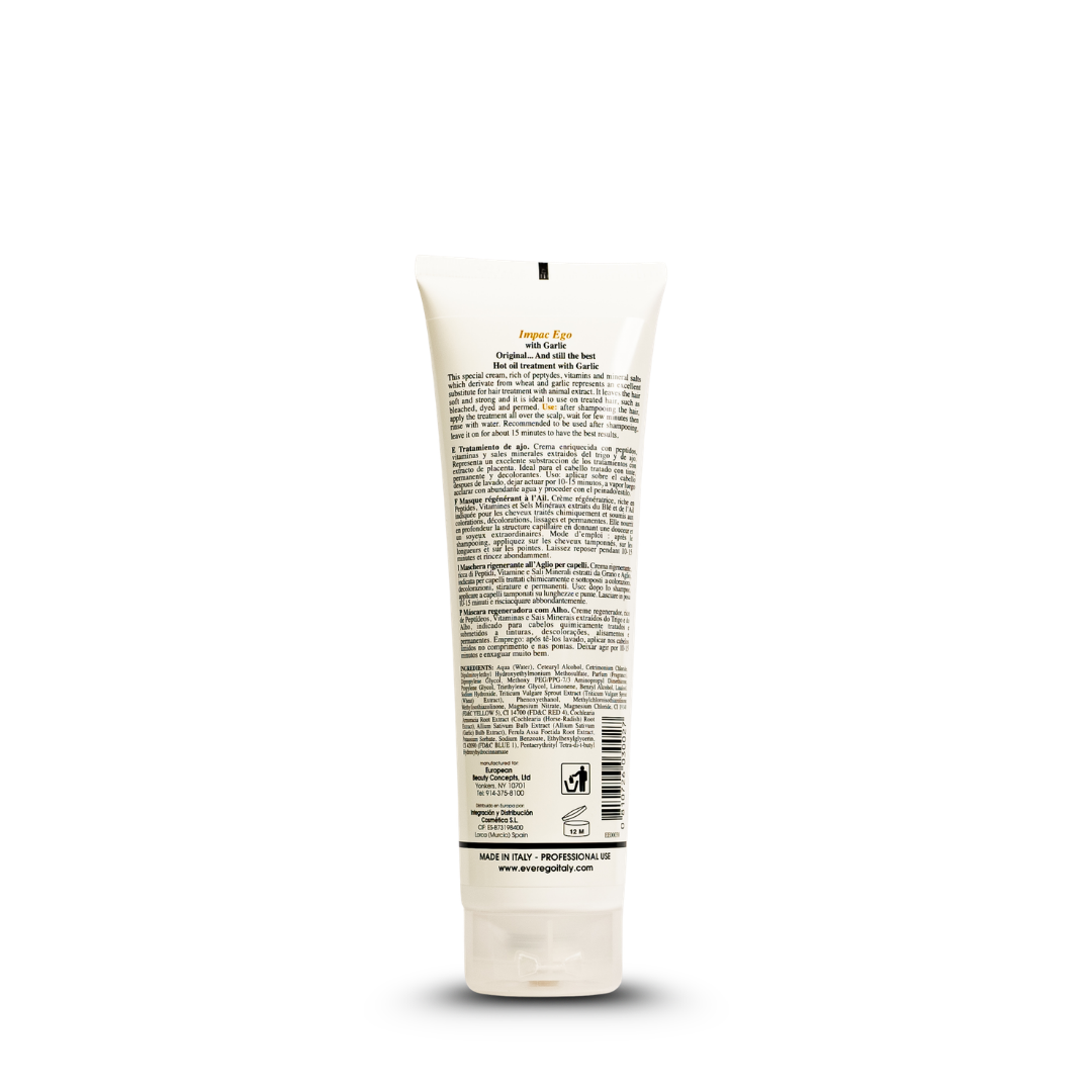 Impac Ego with Garlic hot oil hair treatment tube, professional use, made in Italy for damaged, bleached, or permed hair