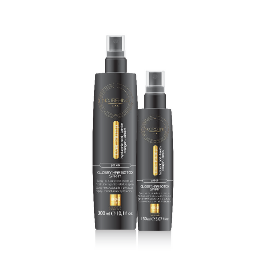 Glossy Hair Botox Spray with hyaluronic acid & collagen, 300ml and 150ml sizes for salon-quality shine and protection