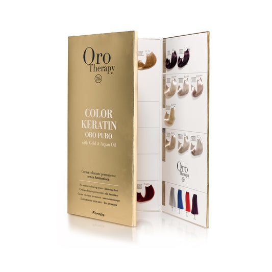 Oro Therapy 24k permanent hair color kit with keratin, gold & argan oil, ammonia-free, featuring color swatches