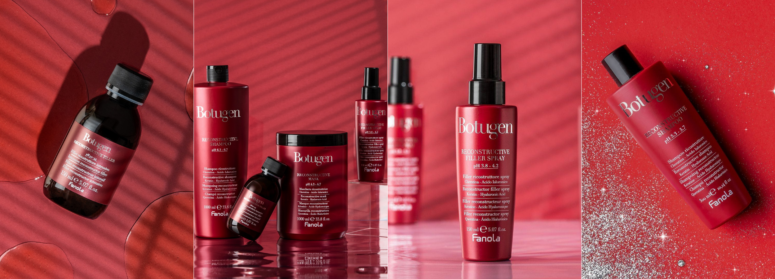 Botugen reconstructive hair care line with keratin & hyaluronic acid on red background