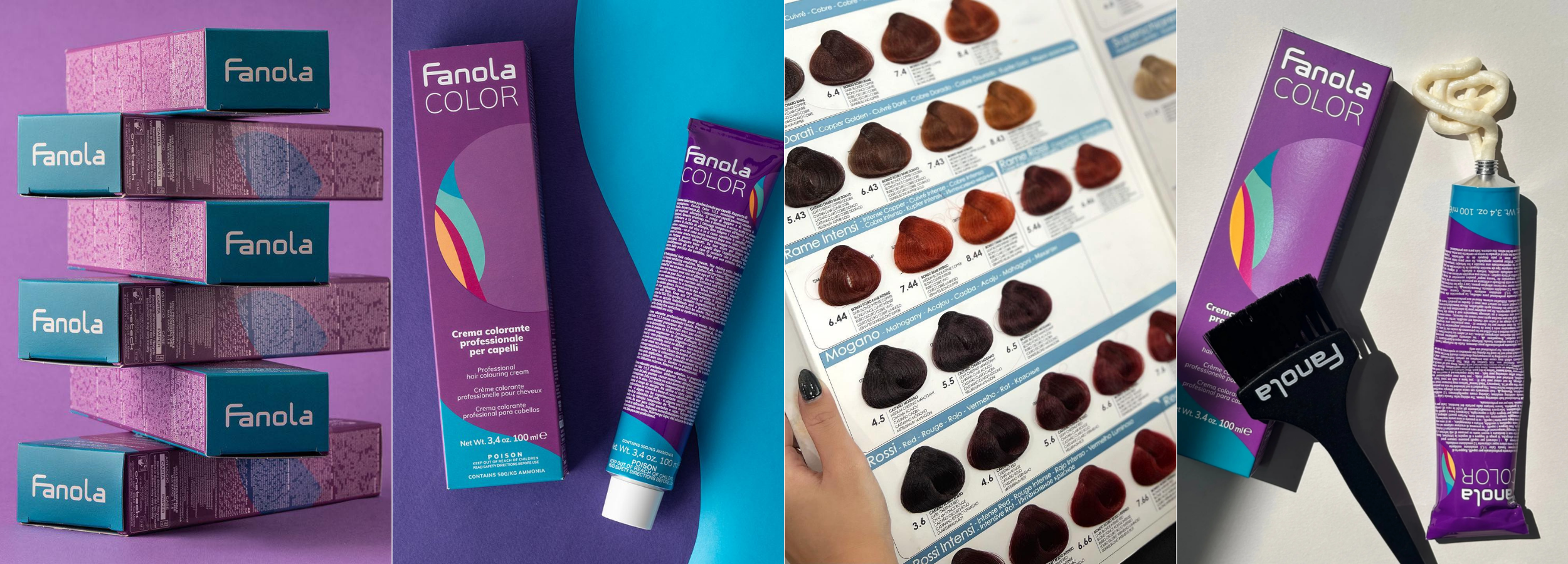 Fanola Color professional hair dye boxes, tubes, color chart, and applicator brush for salon-quality hair coloring