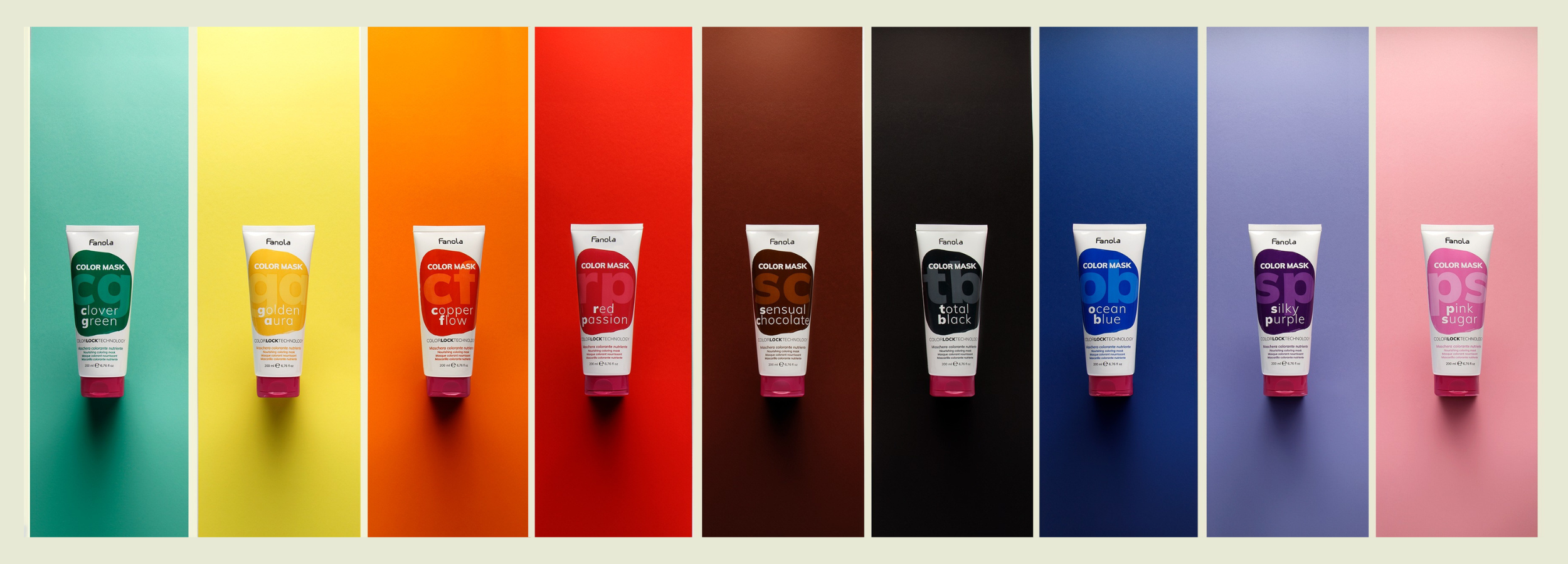 Fanola Color Mask hair dye tubes in vibrant shades like clover green, golden aura, red passion, and pink sugar against matching color backgrounds