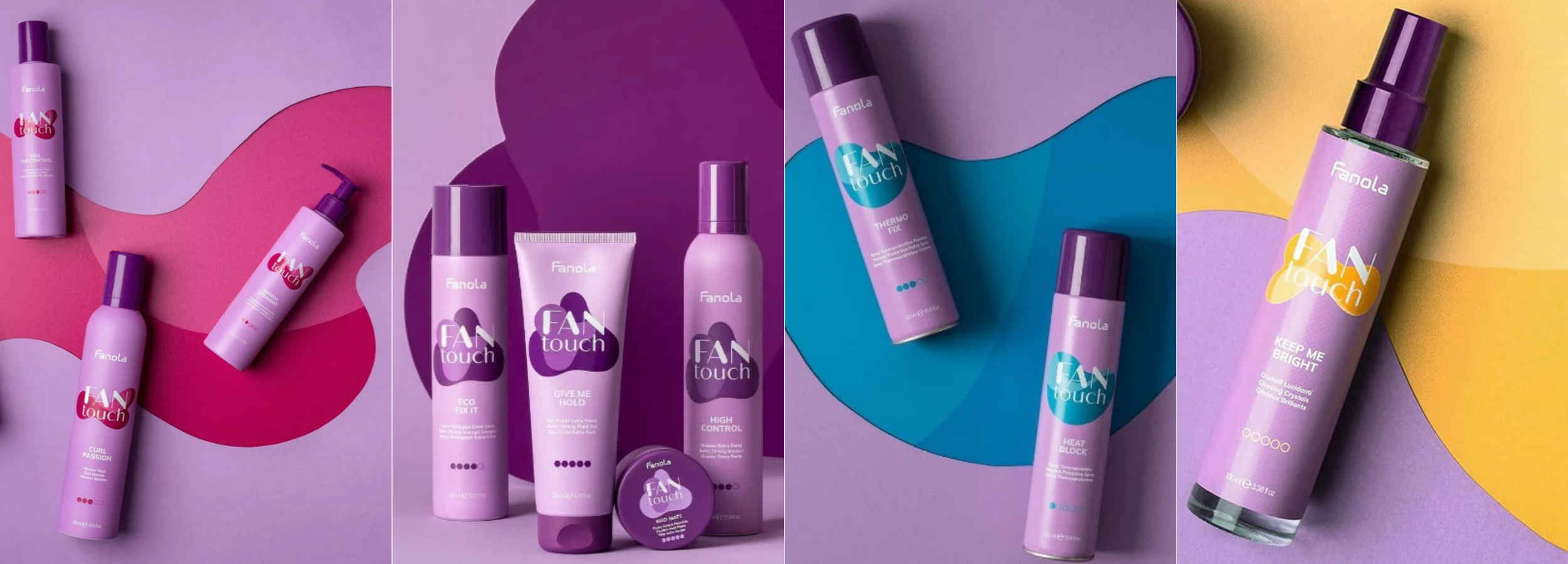 Fanola Fan Touch hair care collection with purple bottles on colorful abstract backgrounds