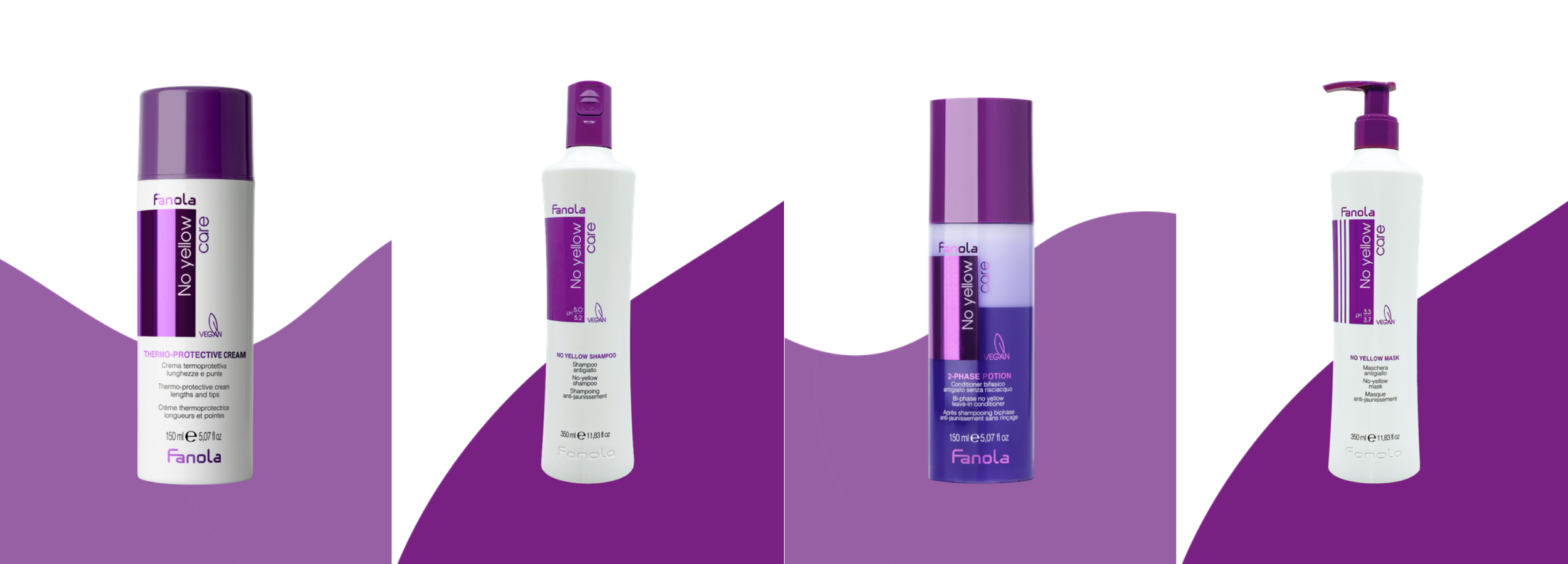 Fanola No Yellow hair care products: thermo-protective cream, shampoo, 2-phase potion, and mask