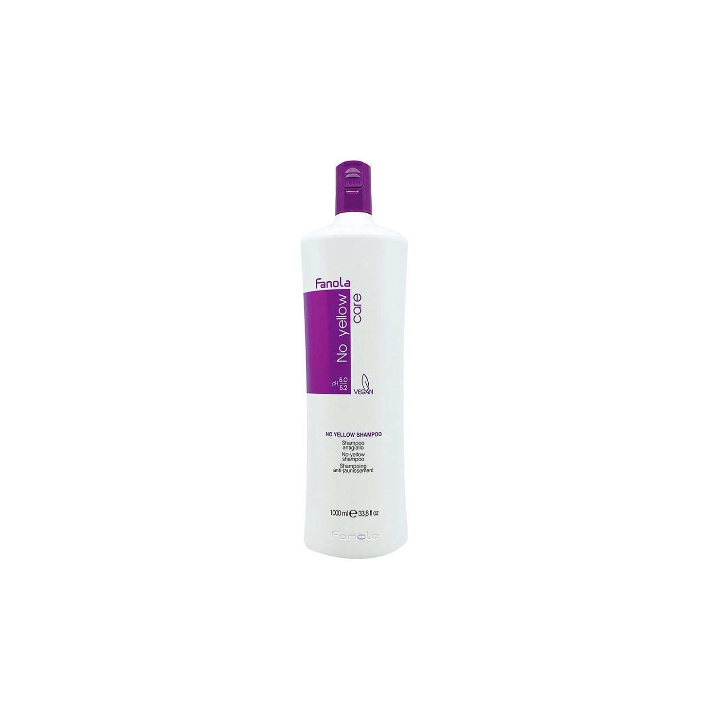 Fanola No Yellow Shampoo, 1000ml vegan formula for blonde hair care, purple cap, pH 5.0-5.2