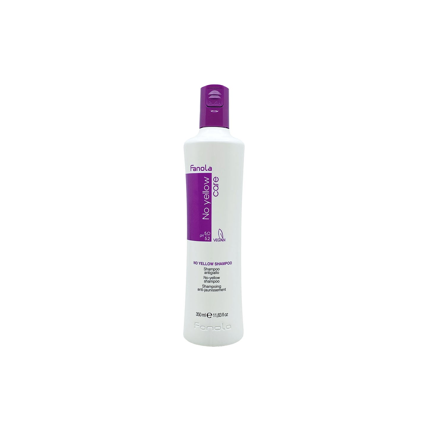 Fanola No Yellow Shampoo for blonde hair, vegan formula, 350ml bottle with purple cap
