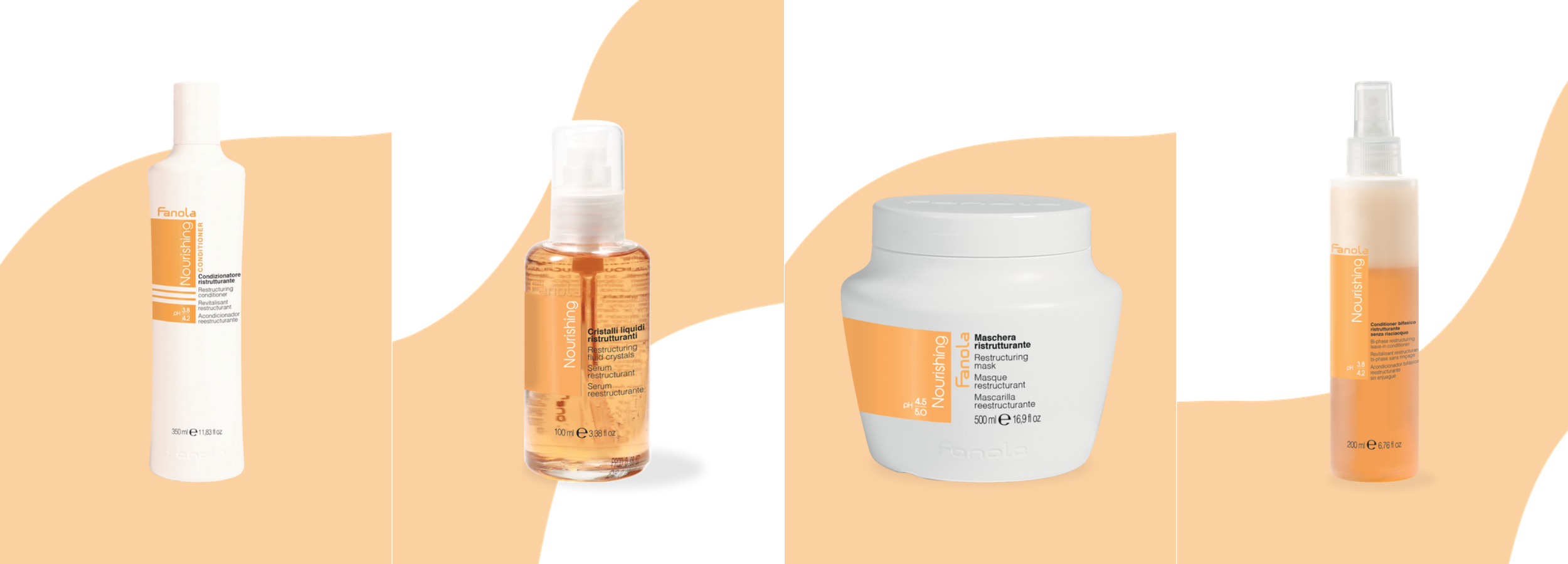 Fanola Nourishing hair care line: conditioner, serum, mask, and leave-in spray for restructuring damaged hair