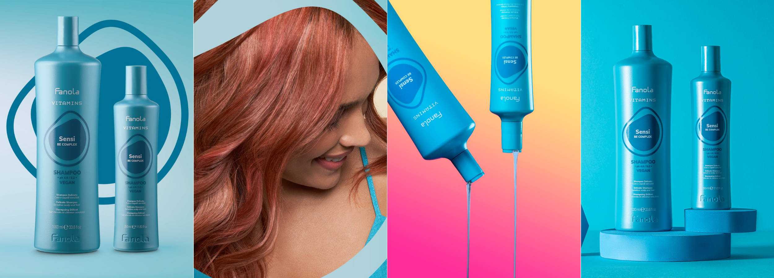 Fanola Sensi Be Complex vegan shampoo for sensitive scalp, featuring blue bottles and radiant hair care results