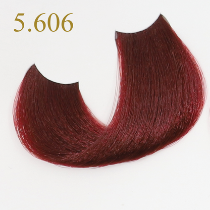 Rich burgundy hair color swatch 5.606 for professional beauty styling