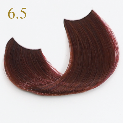 Rich red-brown hair swatch labeled 6.5, showcasing smooth texture and vibrant color for beauty styling.