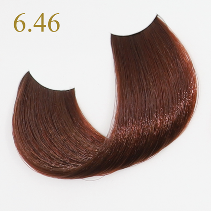 Rich mahogany hair swatch shade 6.46, smooth glossy texture for beauty color selection