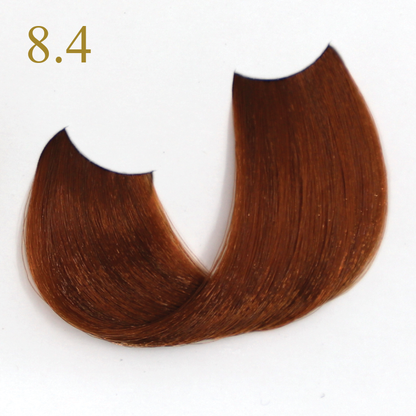 Hair color swatch 8.4, warm medium brown tone for beauty styling