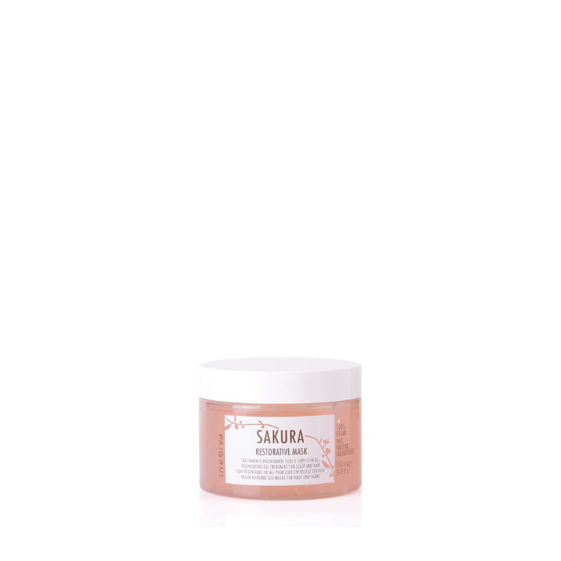 Sakura Restorative Mask for scalp and hair, pink gel treatment in clear jar with white lid