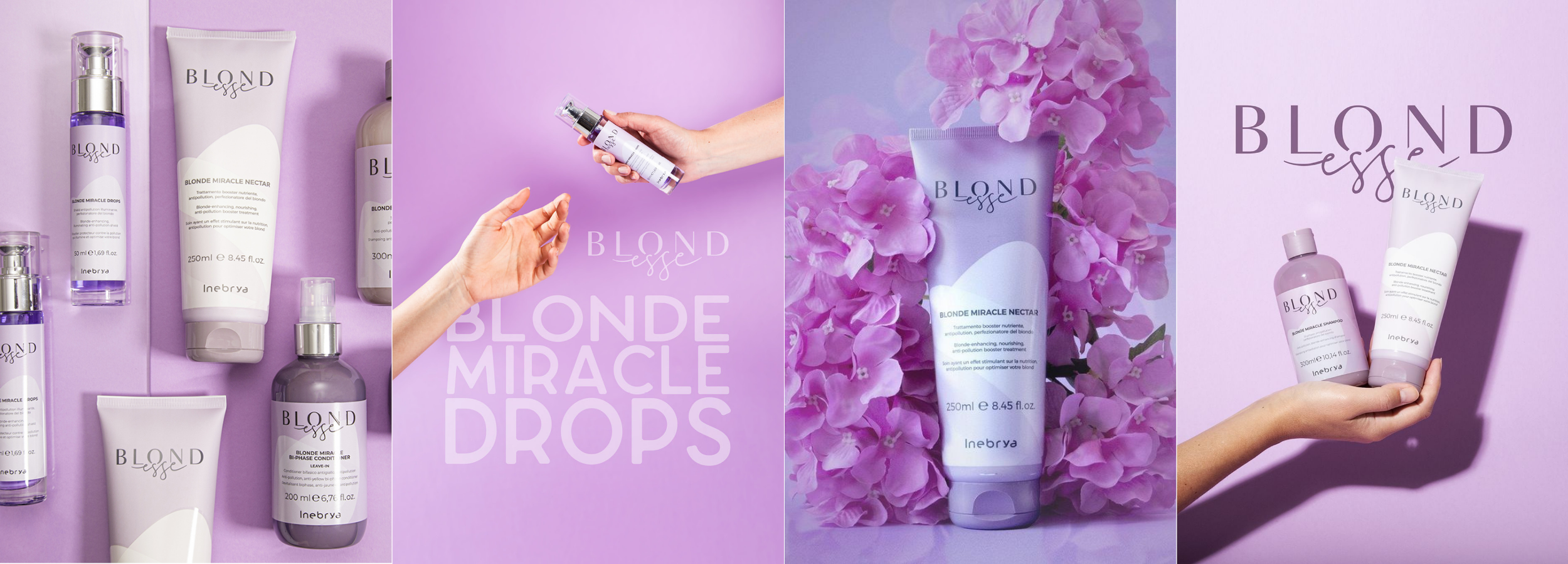 Blondesse Blonde Miracle Nectar & Drops hair care products with purple flowers on lavender background