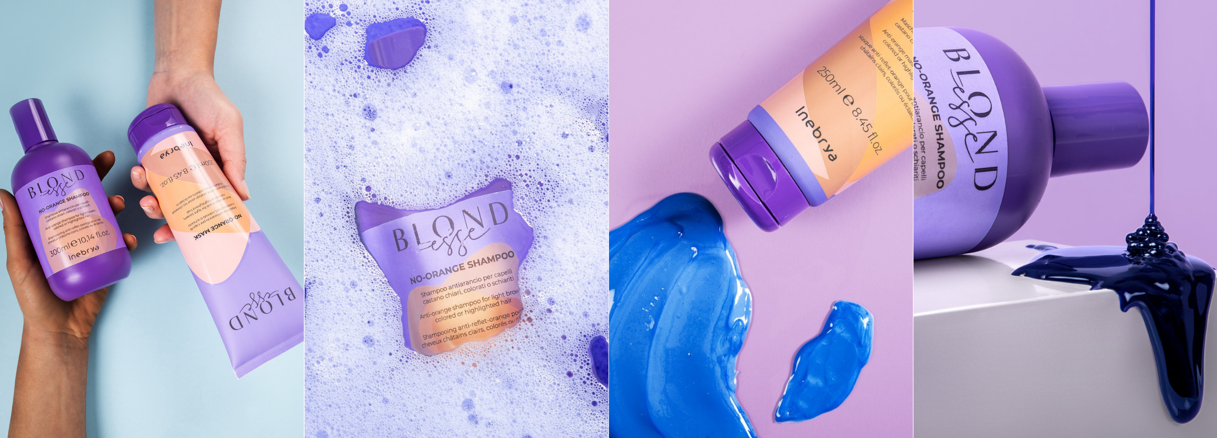 BLOND esse No-Orange Shampoo & Mask for light brown, colored, or highlighted hair with vibrant purple packaging