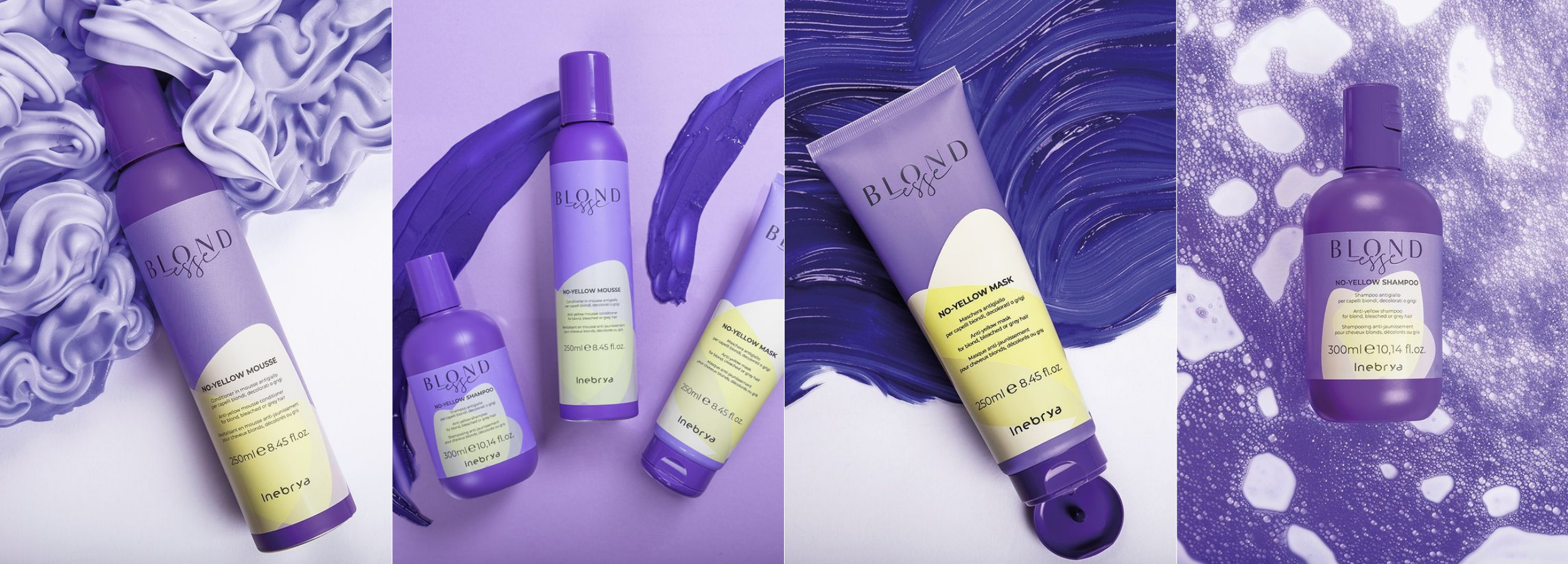 Blondesse no-yellow hair care products: shampoo, mousse & mask for blonde, bleached or grey hair