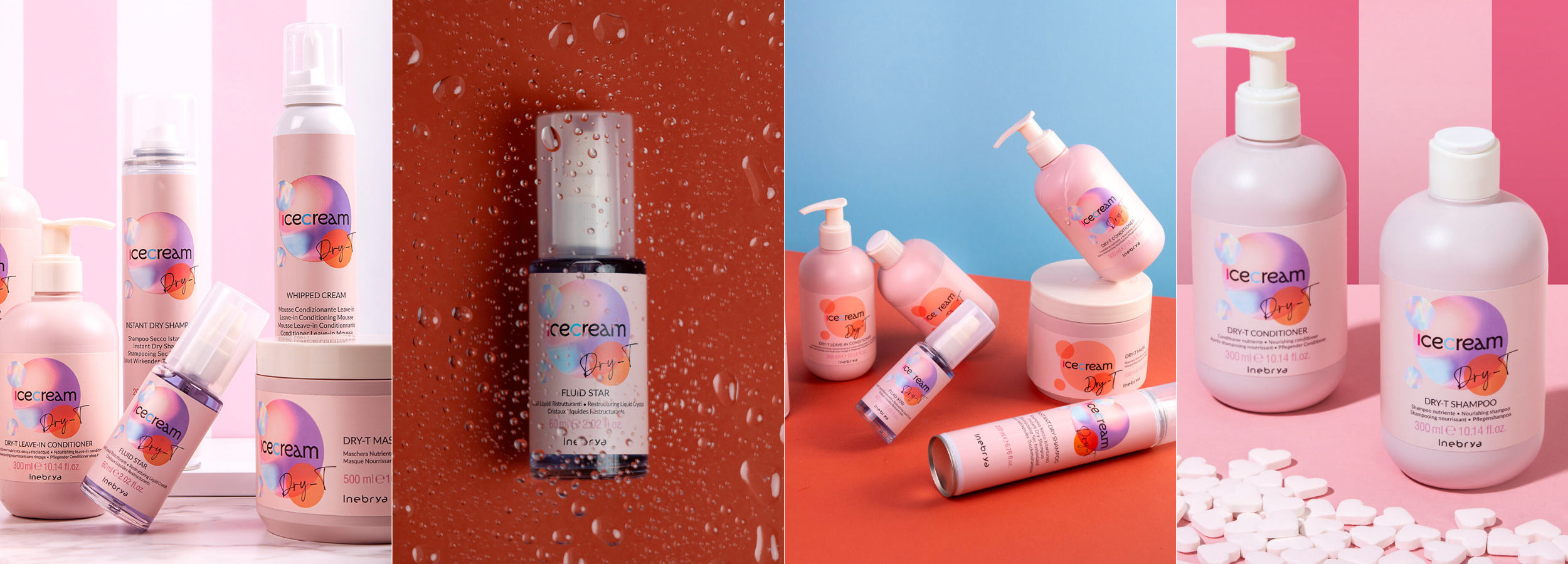 Icecream Dry-T hair care collection with whipped cream, fluid star, and leave-in conditioner in pastel packaging