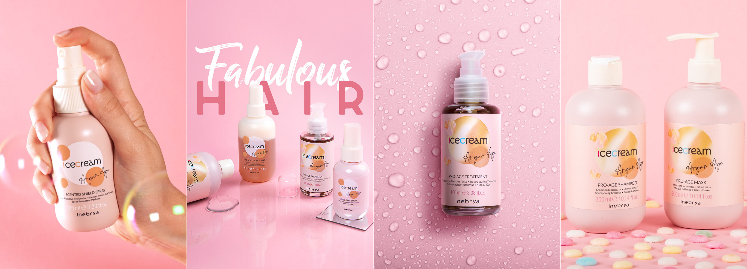 Icecream Argan Age hair care line: shield spray, shampoo, mask, treatment on pink background