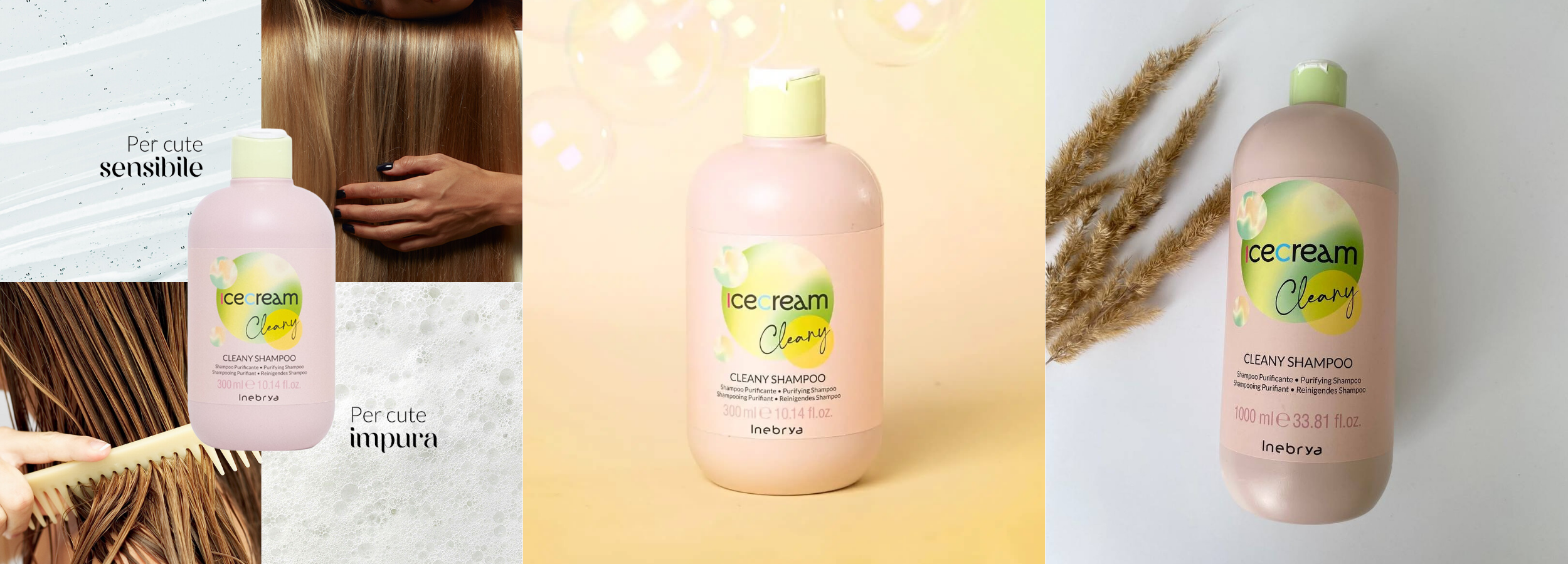 Icecream Cleary Purifying Shampoo for sensitive & impure hair, 300ml & 1000ml bottles with soft pink design