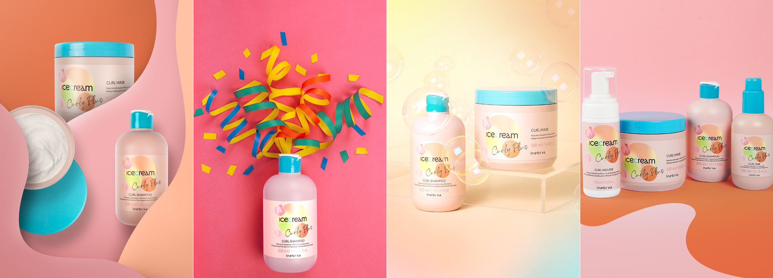 Icecream Curly Plus hair care collection with curl shampoo, mask, and mousse on colorful pastel backgrounds