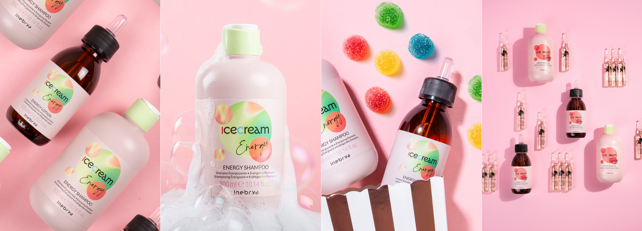 Icecream Energy shampoo, lotion & ampoules on pink background with candy accents, beauty hair care collection