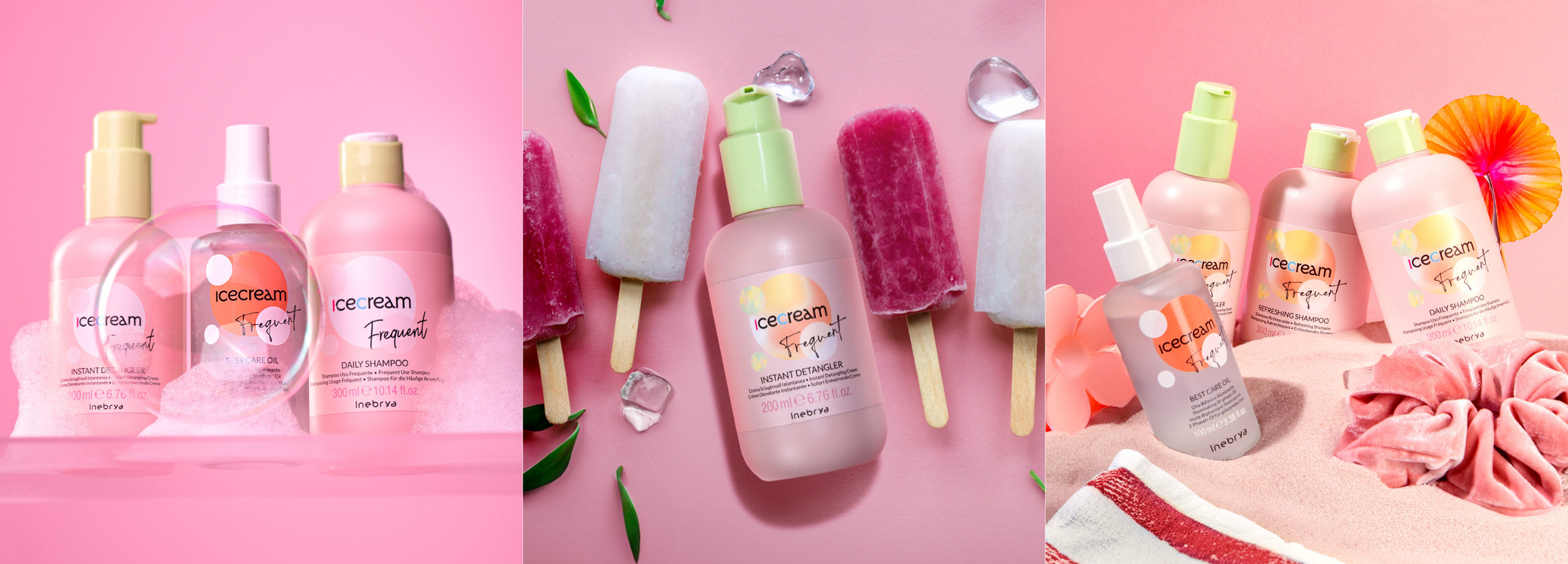 Icecream Frequent hair care line with detangler, oil, and shampoo, styled with popsicles and beach accessories on pink background