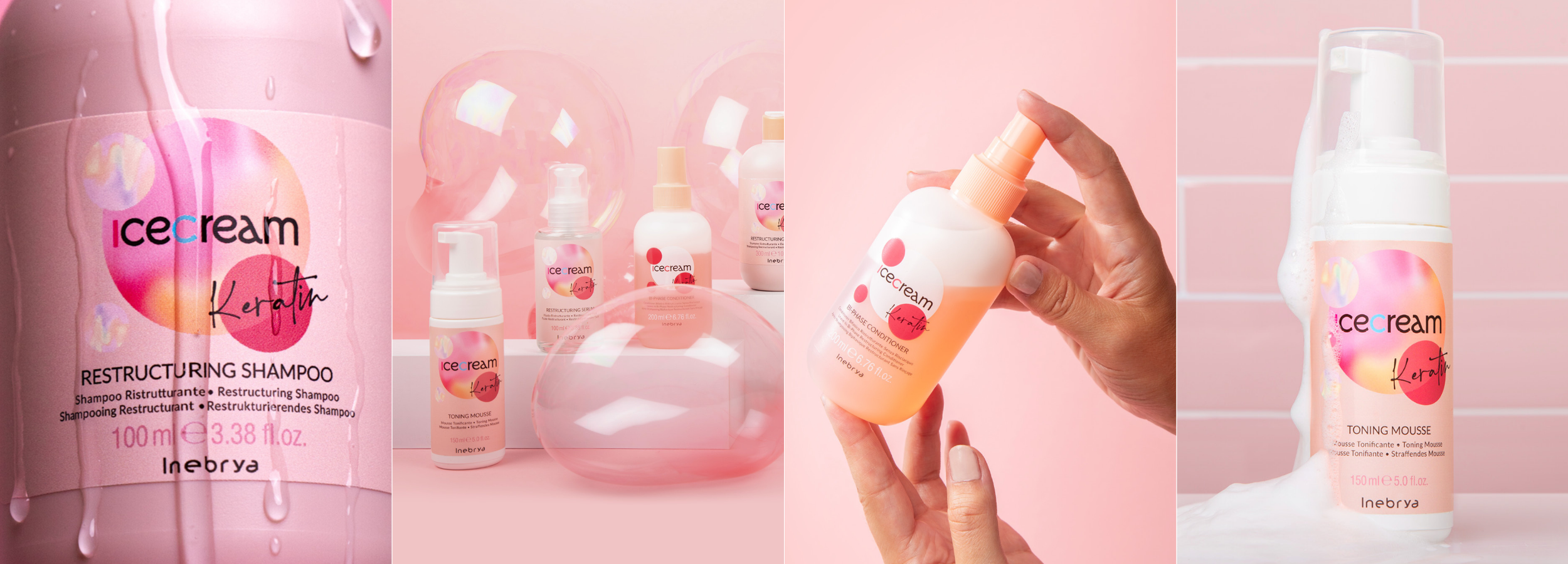 Icecream Keratin hair care collection with restructuring shampoo, toning mousse, and bi-phase conditioner
